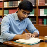 A focused South Asian student sitting at a desk in a well-lit library, surrounded by law books and taking notes on a laptop. MDU logo in the background.