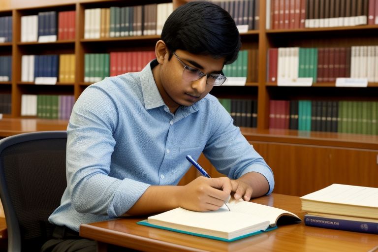  A focused South Asian student sitting at a desk in a well-lit library, surrounded by law books and taking notes on a laptop. MDU logo in the background.