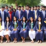 A group of diverse students in graduation gowns celebrating their LLM admission at MDU Rohtak.