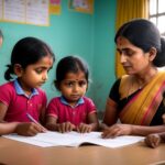 An Anganwadi Supervisor in Haryana, India, with children in an Anganwadi center.